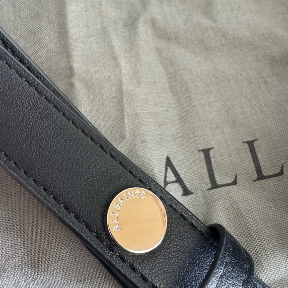 All Saints Glossy Grey Leather Eve Crossbody Bag with Silver Chain - Picture 4 of 8